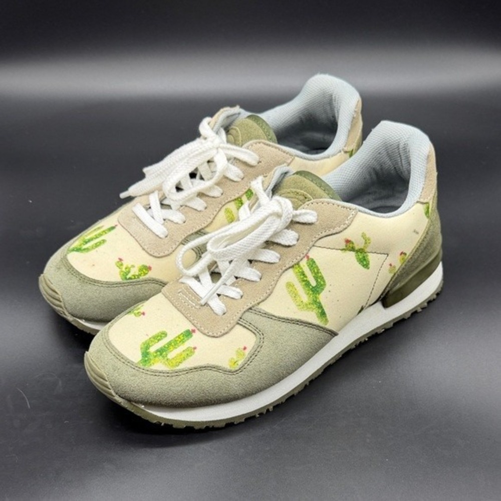INKKAS Cactus Print Sneakers Women Size 7 US Women‎ 5 US Men Green Tan Lace Up